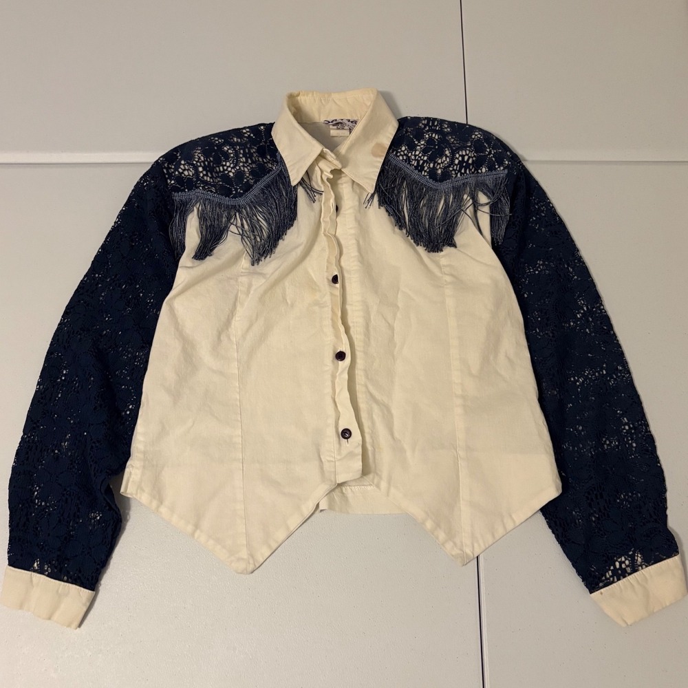 Vintage Sassa LTD Western Fringe Lace Shirt Navy Cream Boho Cowgirl Top LG d5